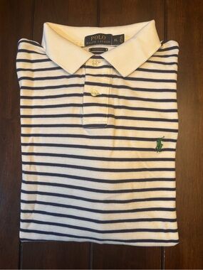 Polo Ralph Lauren Striped Polo Shirt Custom Fit White & Navy with Green Logo XL
